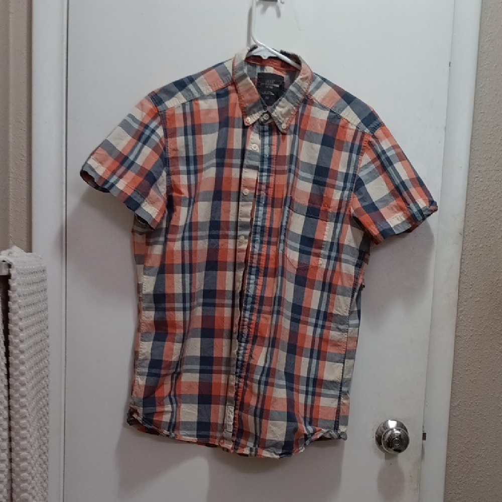 H&M Men's Short Sleeve Plaid Shirt -Gray, pink, & cream